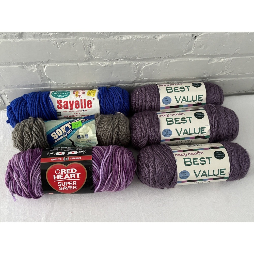 Vtg Acrylic Yarn Lot of 6 Skeins Purple & Blue Sayell, Red Heart, Mary Maxim